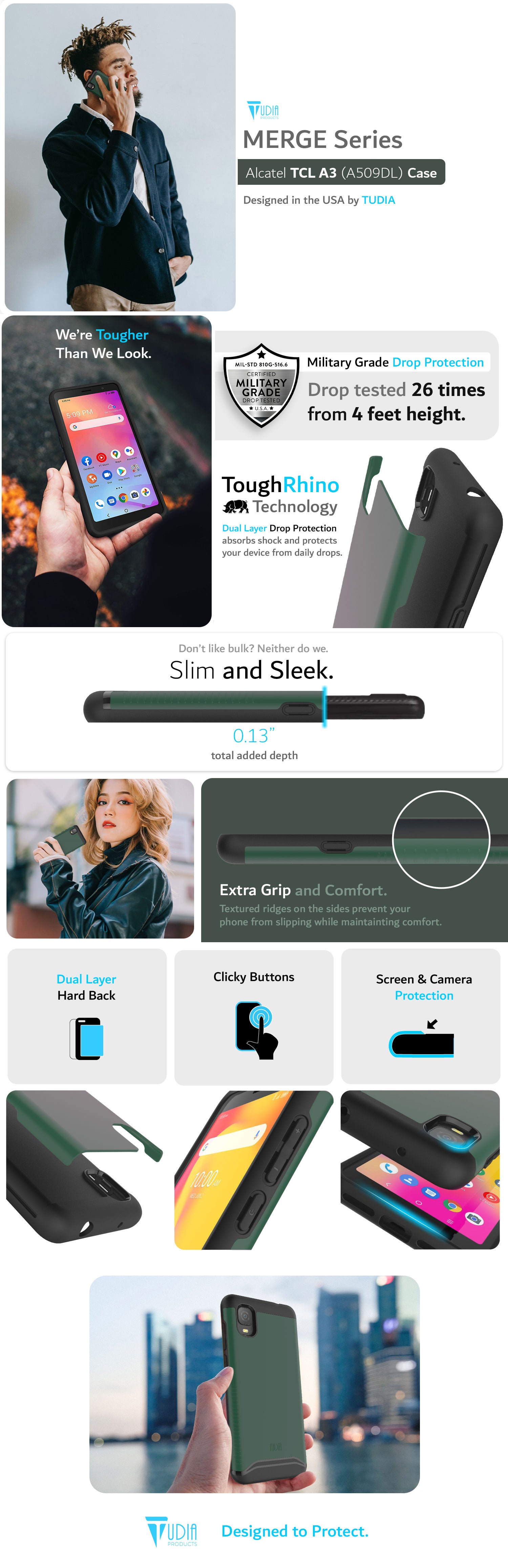 TUDIA Alcatel TCL A3 (A509DL)  MERGE Series Military Grade Dual Layer Heavy Duty Case
