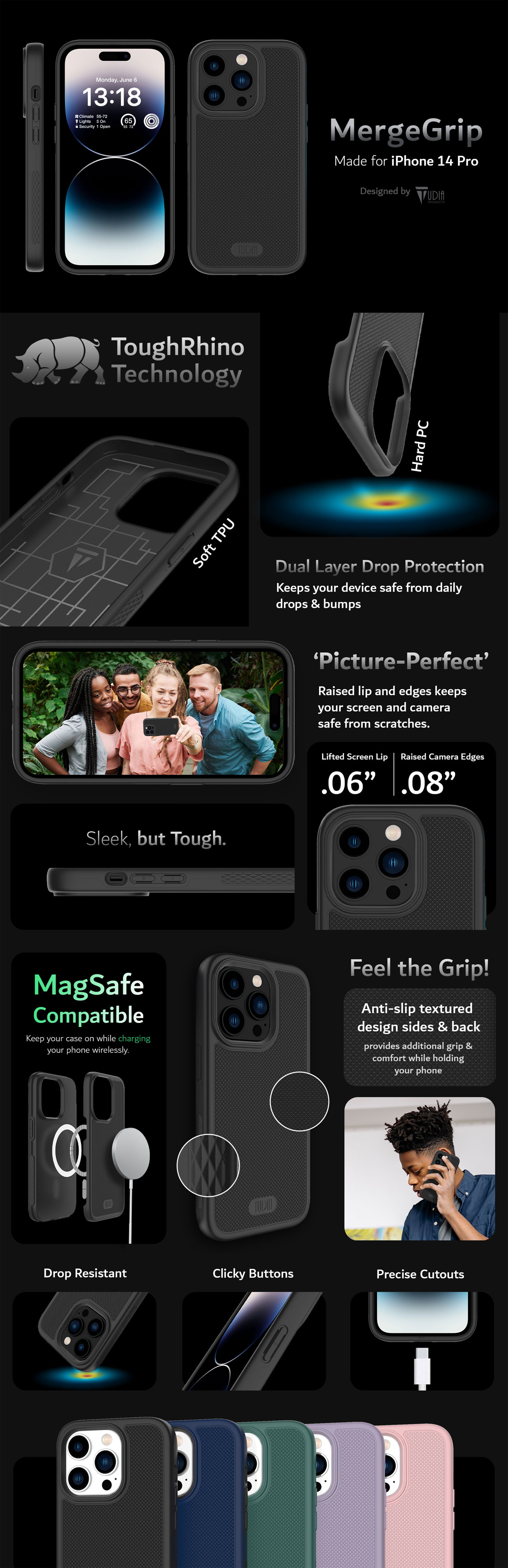 TUDIA iPhone 14 Pro MergeGrip Dual Layer Protection - Heavy Duty Case