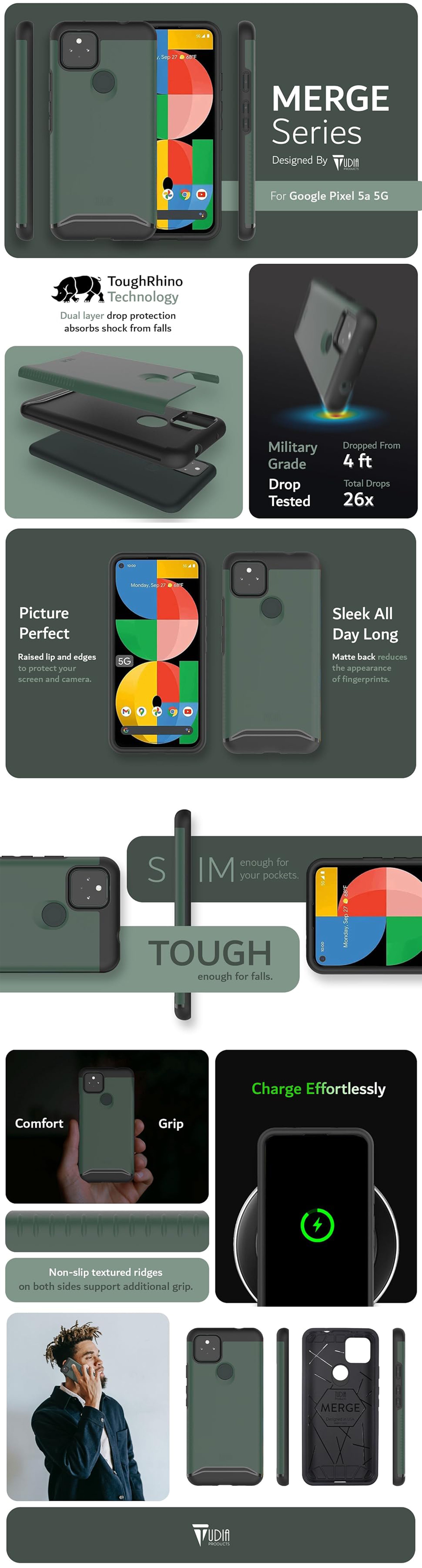 TUDIA MERGE Series Case for Google Pixel 5a 5G – Military Grade Heavy Duty Protection with Dual-Layer Design